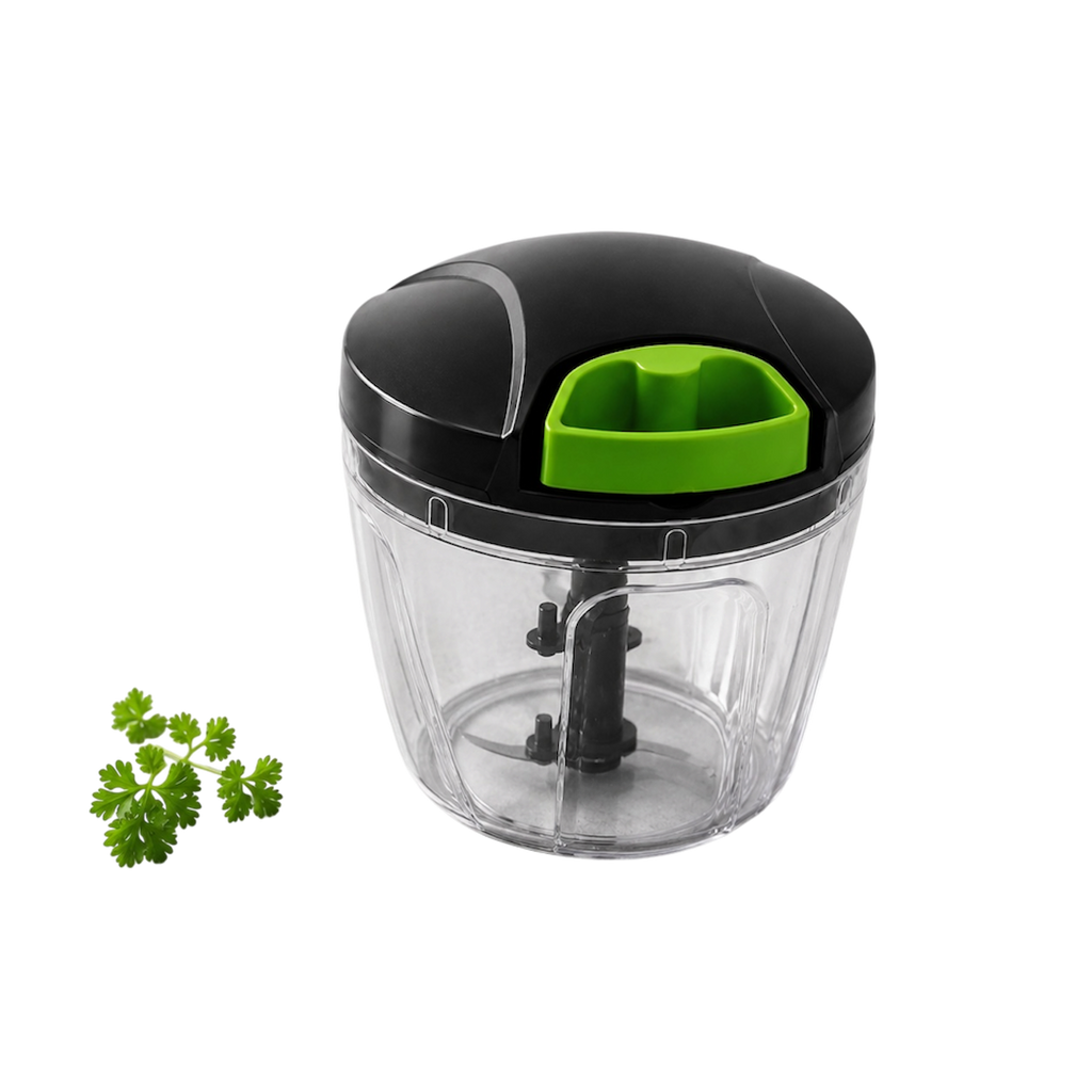 ProChop vegetable chopper with pull-cord lid and fresh parsley on a white background