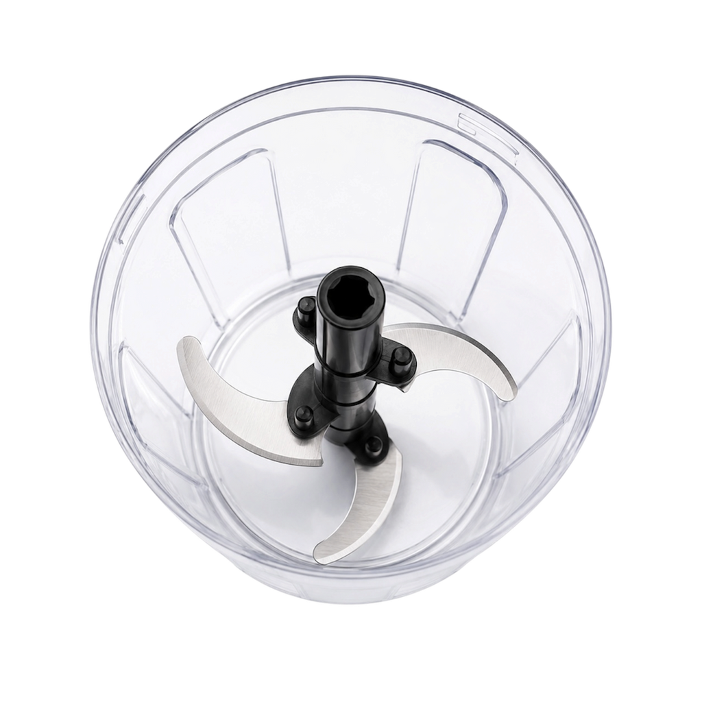 Top view of ProChop stainless steel blades inside the transparent bowl