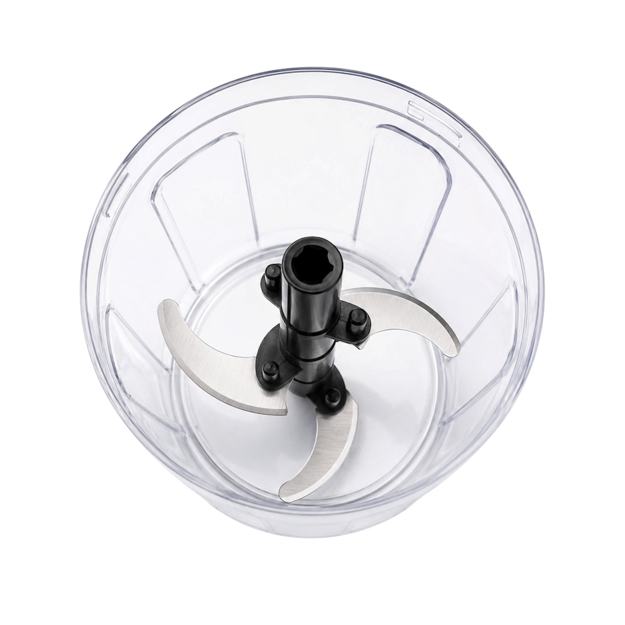 Top view of ProChop stainless steel blades inside the transparent bowl
