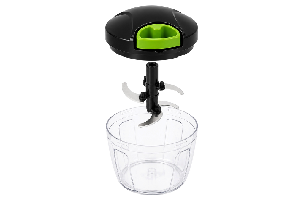 Exploded view of ProChop parts: pull-cord lid, stainless blade assembly and transparent bowl