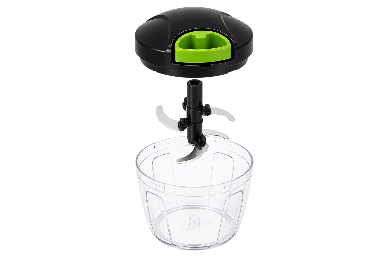 Exploded view of ProChop parts: pull-cord lid, stainless blade assembly and transparent bowl
