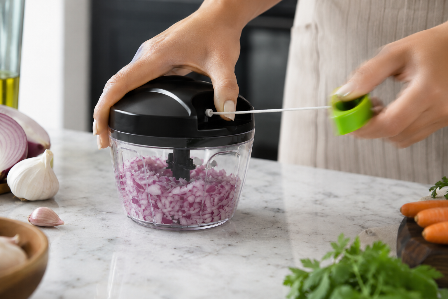 Hands pulling the ProChop cord to chop red onion on a kitchen counter