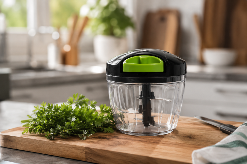 ProChop chopper on a wooden cutting board with fresh herbs in a bright kitchen