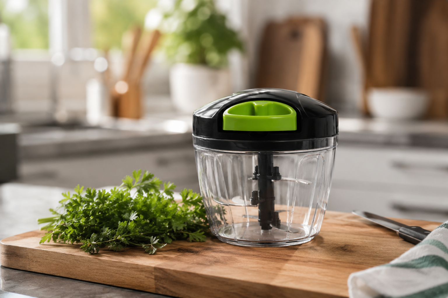 ProChop chopper on a wooden cutting board with fresh herbs in a bright kitchen